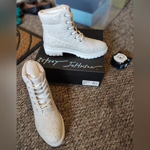 NIB Betsey Johnson Hudson Pearl-Encrusted Combat Booties, Size 10